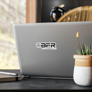 BFR Logo - Vinyl Die-Cut Stickers on a laptop with vinyl die-cut stickers on a desk.