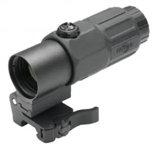 A red dot sight on a white background.