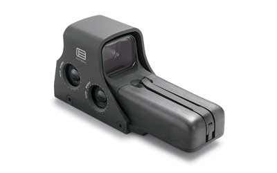 A red dot sight on a white background.