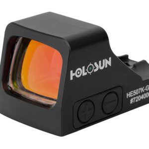 The HE507K-GR X2, a green multi-reticle holonin red dot sight, is showcased against a crisp white background.