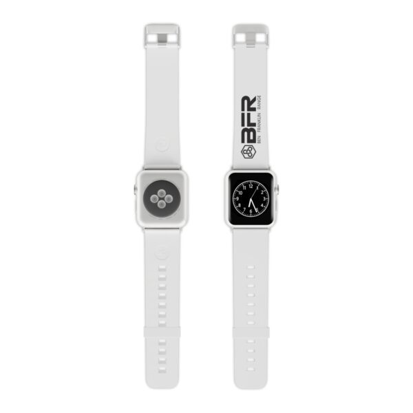 Two white BFR Logo - Watch Bands for Apple Watch on a white background.