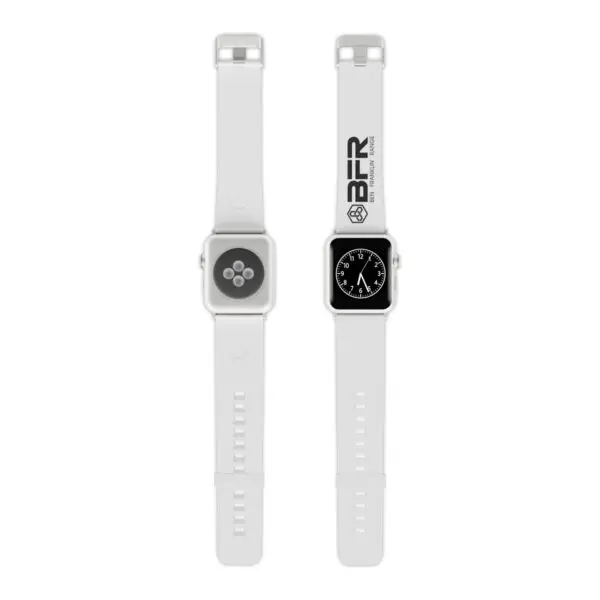 A white BFR Logo - Watch Band for Apple Watch with a black strap.