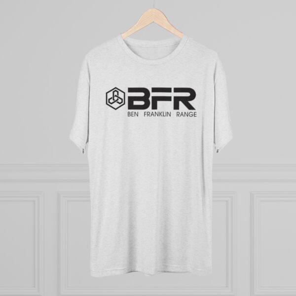 The BFR - Logo - Unisex Tri-Blend Crew Tee hanging on a wall.
