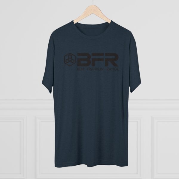 The BFR - Logo - Unisex Tri-Blend Crew Tee on a blue t - shirt hanging on a wall.