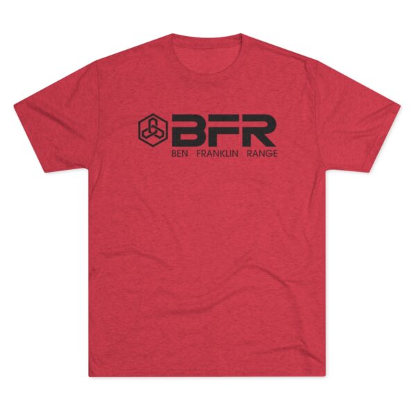 The BFR - Logo - Unisex Tri-Blend Crew Tee on a red t-shirt.