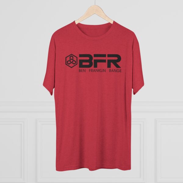 A red BFR - Logo - Unisex Tri-Blend Crew Tee with the word bfr on it.