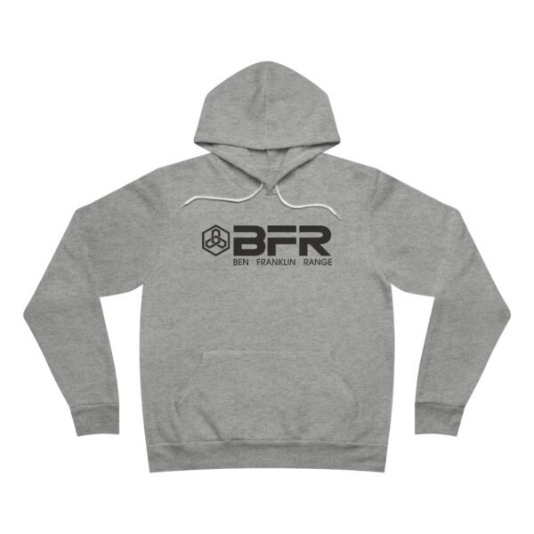 The BFR Logo - Unisex Sponge Fleece Pullover Hoodie on a grey hoodie.