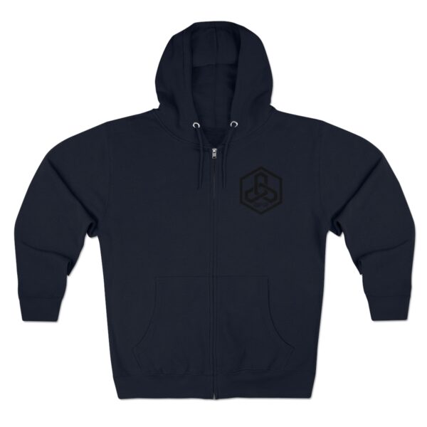 The BFR Hex Logo - Unisex Premium Full Zip Hoodie features a sleek black design with a hexagon graphic.