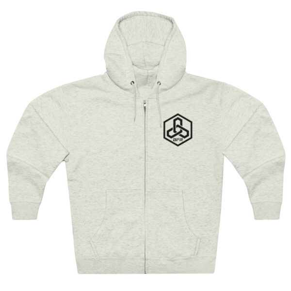 The BFR Hex Logo - Unisex Premium Full Zip Hoodie is a stylish white hoodie featuring a hexagon logo.