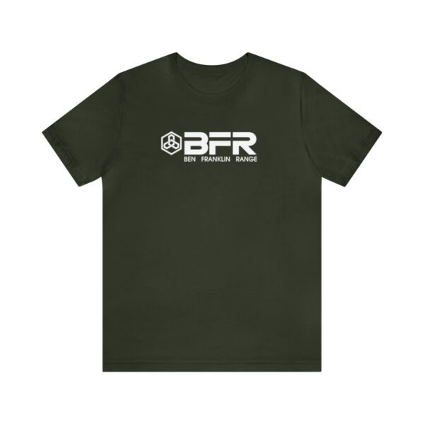 The BFR Logo - Unisex Jersey Short Sleeve Tee on a green t-shirt.