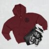 A BFR Hex Logo - Unisex Premium Full Zip Hoodie burgundy hoodie with sneakers.