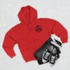 A BFR Hex Logo - Unisex Premium Full Zip Hoodie red zip up hoodie with sneakers and a pair of jeans.