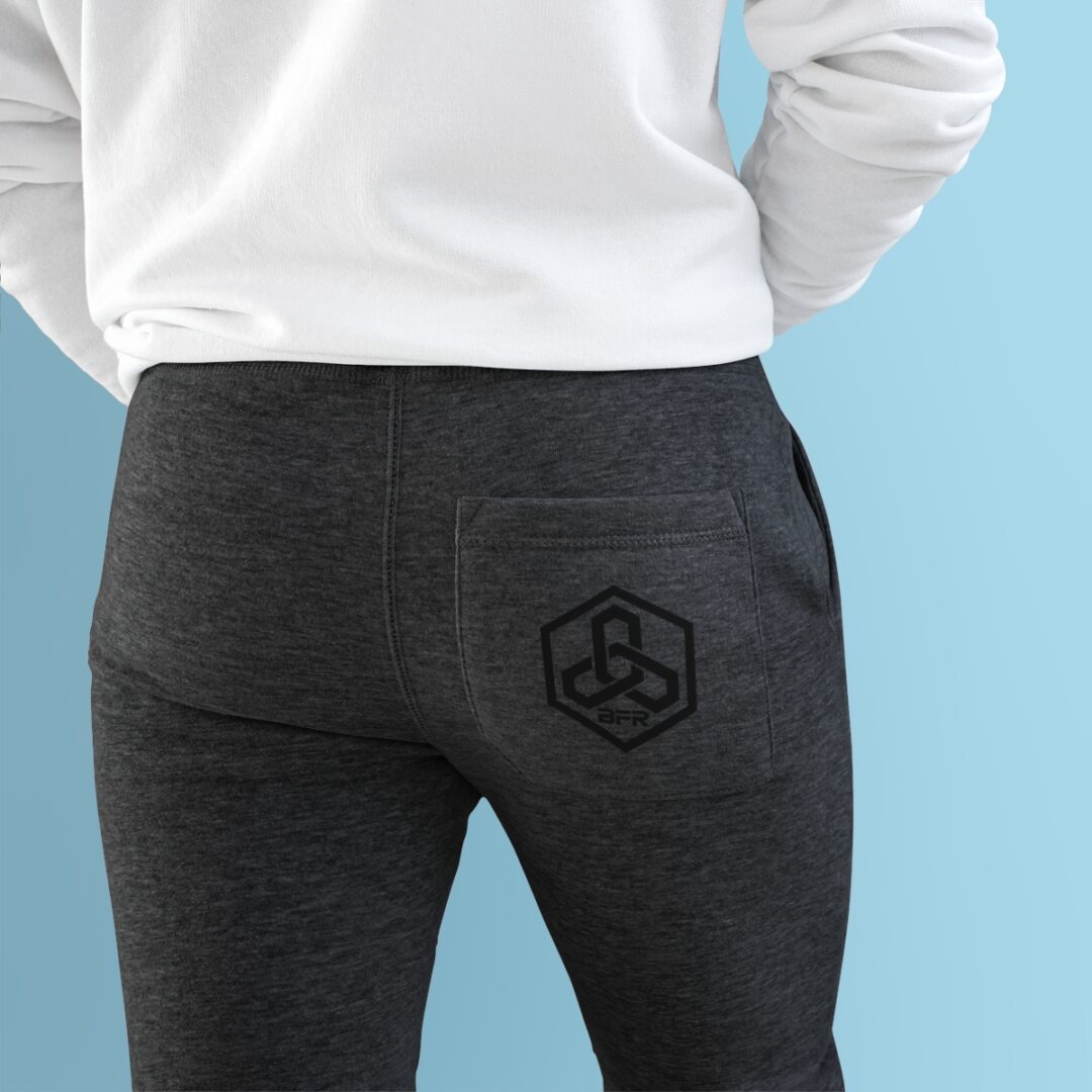 The back of a man wearing black joggers with the BFR Logo - Women's Premium Fleece Joggers on them.