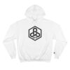 A BFR Hex Logo - Champion Hoodie: A white hoodie with a black hexagon logo on it.