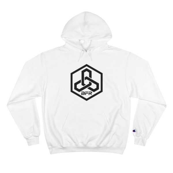 A BFR Hex Logo - Champion Hoodie: A white hoodie with a black hexagon logo on it.