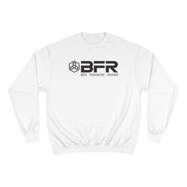The BFR Logo - Champion Sweatshirt on a white Champion sweatshirt.