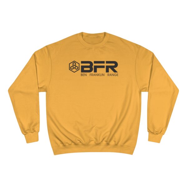 The BFR Logo - Champion Sweatshirt proudly displayed on a vibrant yellow Champion sweatshirt.
