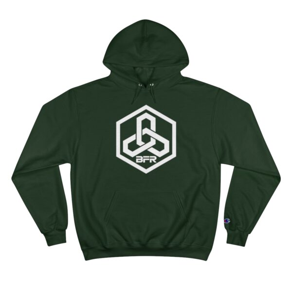 A green BFR - Irish - Champion Hoodie with a white logo on it.