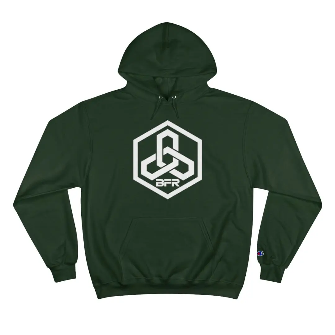 A green BFR - Irish - Champion Hoodie with a white logo on it.