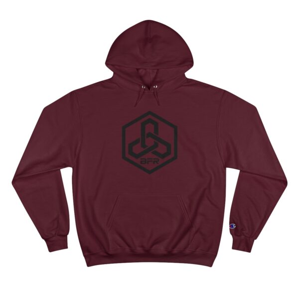 A BFR Hex Logo - Champion Hoodie with a black logo on it.