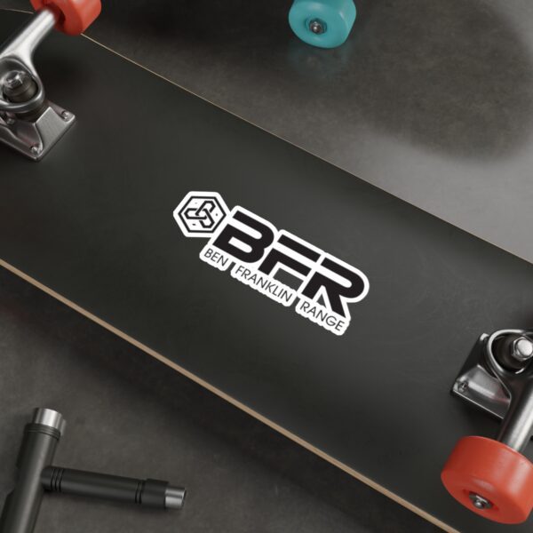 BFR Logo - Die-Cut Stickers on a black skateboard.