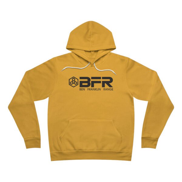 A yellow BFR Logo - Unisex Sponge Fleece Pullover Hoodie with the word bfr on it.