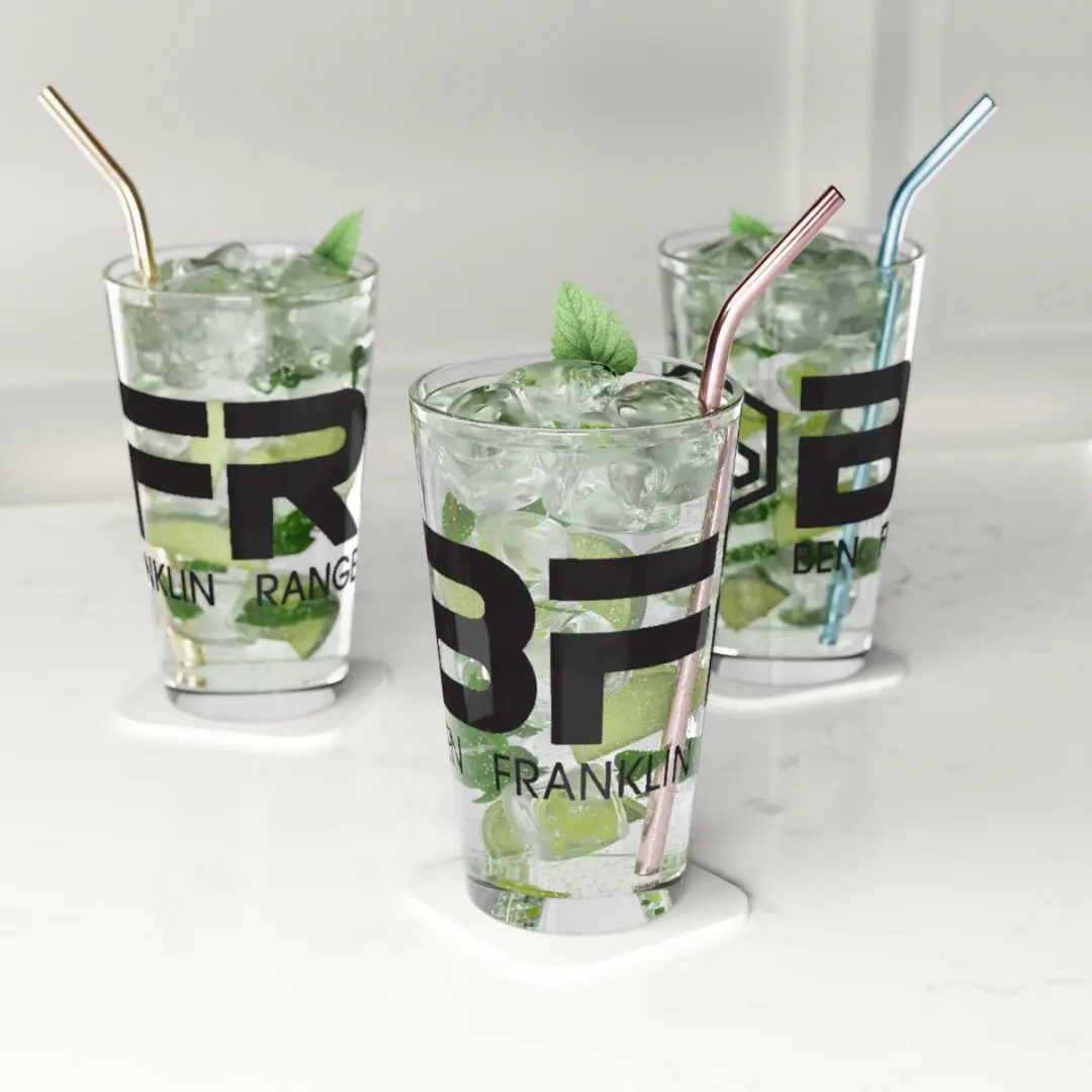 Three BFR Logo - Pint Glasses, 16oz with a drink in them and a mint leaf.