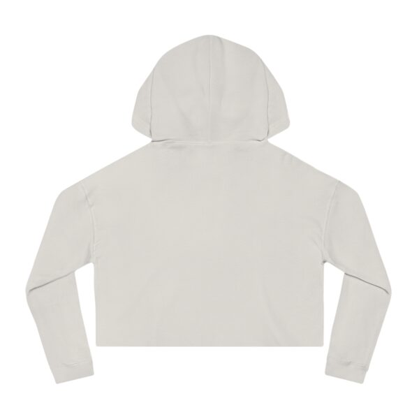 The back view of a white BFR Logo - Women’s Cropped Hooded Sweatshirt featuring the BFR Logo.
