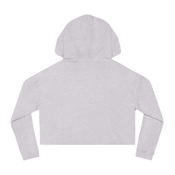 The BFR Logo - Women’s Cropped Hooded Sweatshirt adorns the back of a grey Women's Cropped Hooded Sweatshirt.