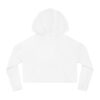 A white BFR Logo - Women’s Cropped Hooded Sweatshirt featuring a hood, designed for women.