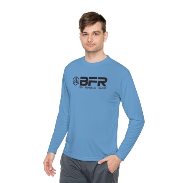 A man wearing a BFR Logo - Unisex Lightweight Long Sleeve Tee with the word bfr on it.