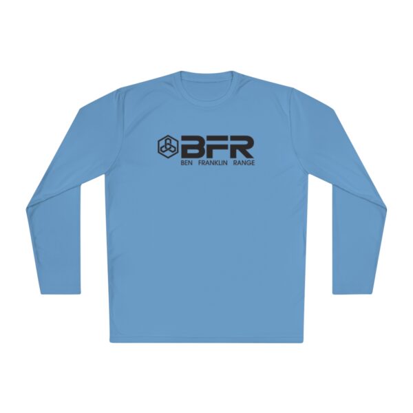 The BFR Logo - Unisex Lightweight Long Sleeve Tee on a light blue long sleeve t - shirt.