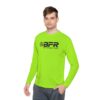 A man wearing a lime green BFR Logo - Unisex Lightweight Long Sleeve Tee with the word bfr on it.