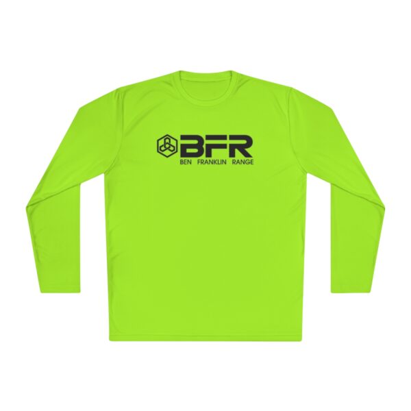 The BFR Logo - Unisex Lightweight Long Sleeve Tee on a lime green long sleeve t-shirt.