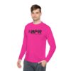 A man wearing a pink BFR Logo - Unisex Lightweight Long Sleeve Tee with the word bfr on it.