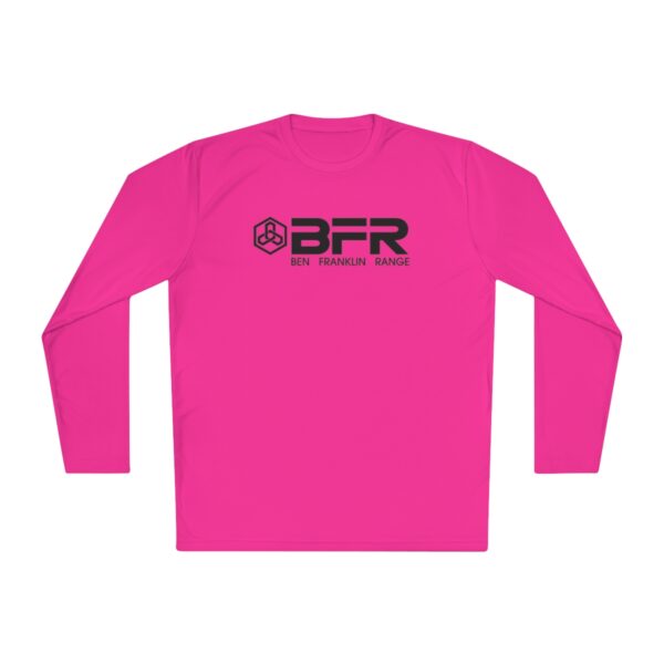 A pink long - sleeve BFR Logo - Unisex Lightweight Long Sleeve Tee with the word bfr on it.