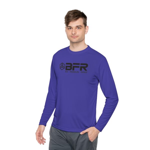 A man wearing a purple long - sleeve BFR Logo - Unisex Lightweight Long Sleeve Tee with the word bfr on it.