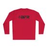 The BFR Logo - Unisex Lightweight Long Sleeve Tee on a red long-sleeve t-shirt.