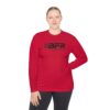 A woman wearing a red BFR Logo - Unisex Lightweight Long Sleeve Tee with the words bfr on it.
