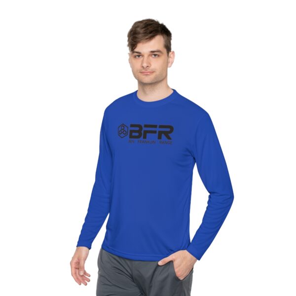 A man wearing a blue long-sleeve t-shirt with the BFR Logo - Unisex Lightweight Long Sleeve Tee on it.