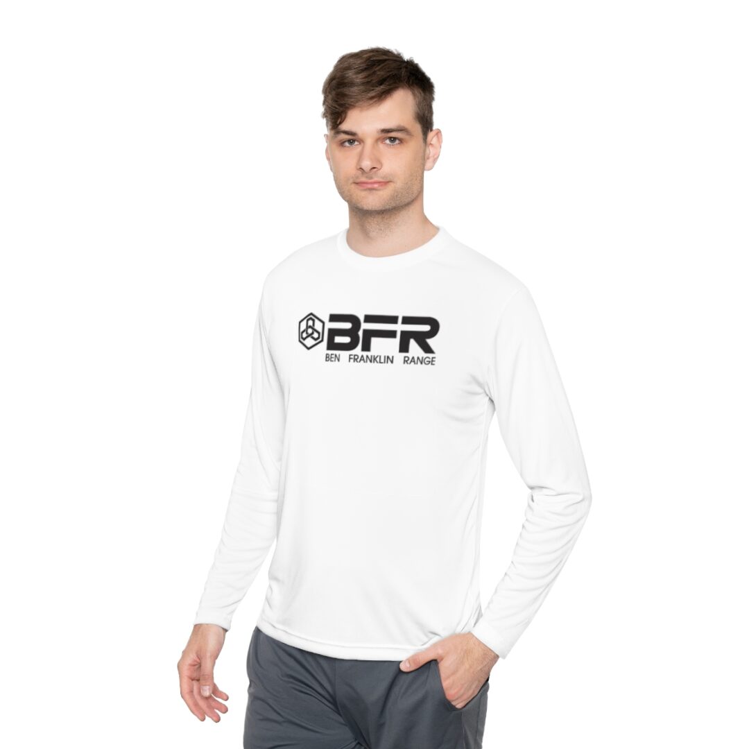 A man wearing a white long - sleeve BFR Logo - Unisex Lightweight Long Sleeve Tee with the word BFR on it.