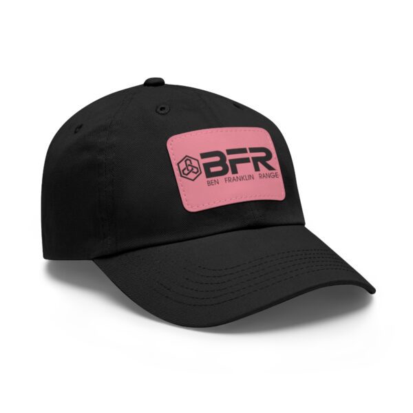 The BFR Logo - Dad Hat with Leather Patch (Rectangle) on a black hat with a pink patch.