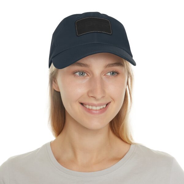 A woman wearing a BFR Logo - Dad Hat with Leather Patch (Rectangle) baseball cap.