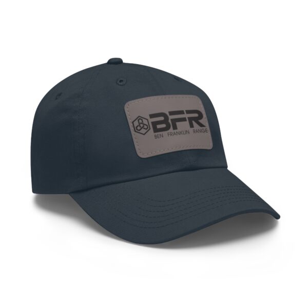 The BFR Logo - Dad Hat with Leather Patch (Rectangle) on a navy hat.