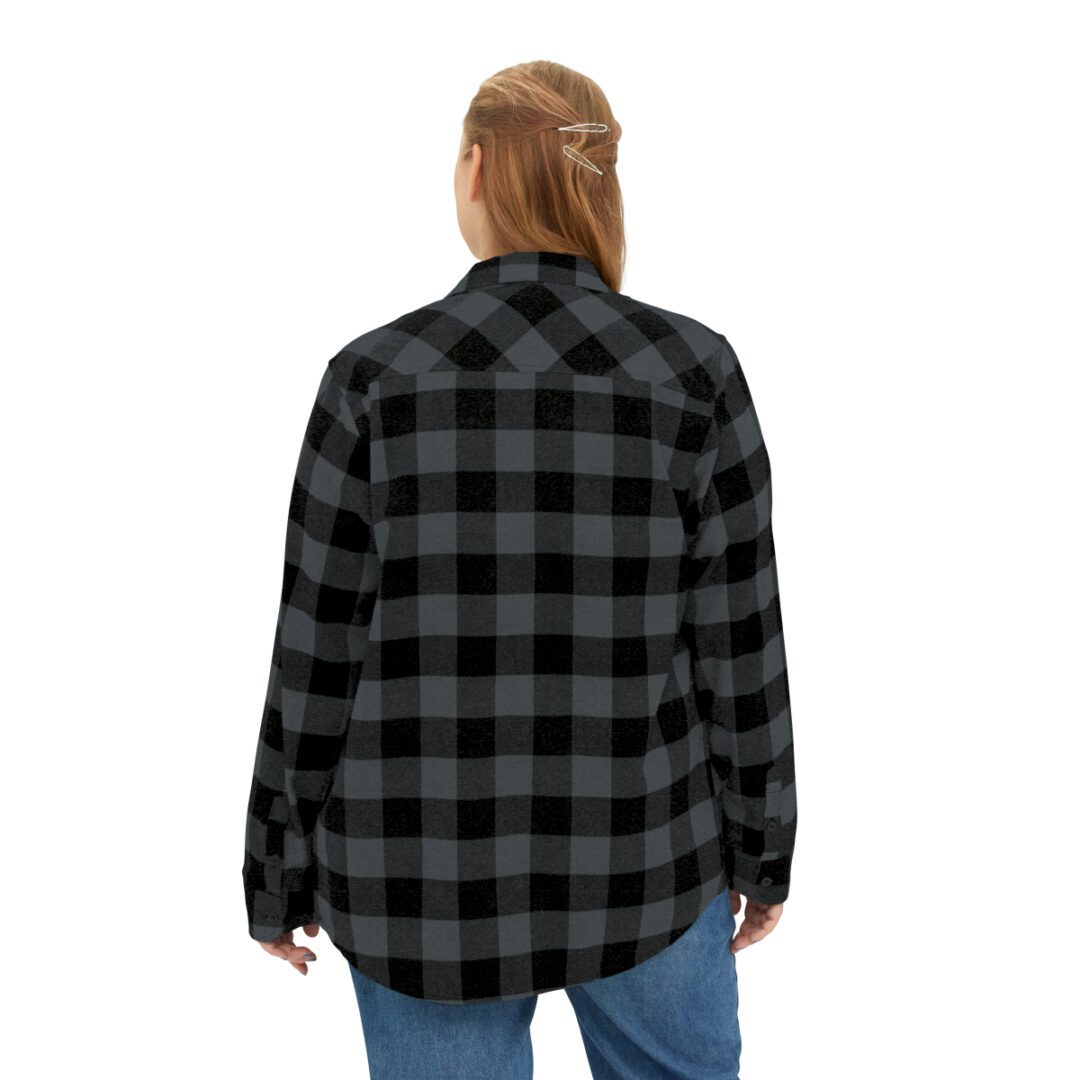 The back view of a woman wearing a BFR Logo - Unisex Flannel Shirt. The back view of a woman wearing a BFR Logo - Unisex Flannel Shirt.