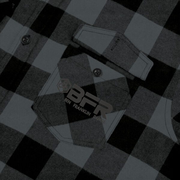 A black and white BFR Logo - Unisex Flannel Shirt with the word BFR on it.