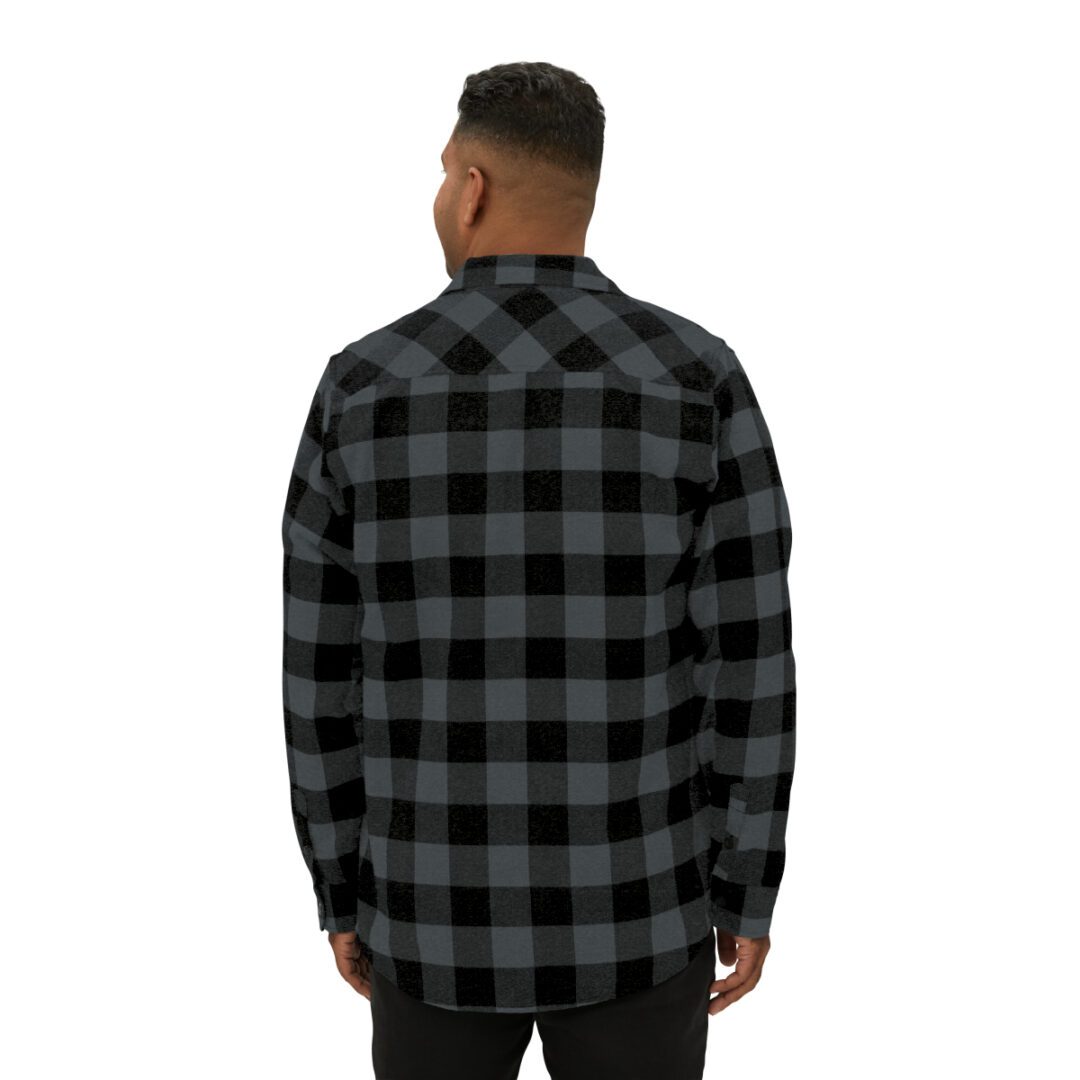 The back view of a man wearing a BFR Logo - Unisex Flannel Shirt. The back view of a man wearing a BFR Logo - Unisex Flannel Shirt.