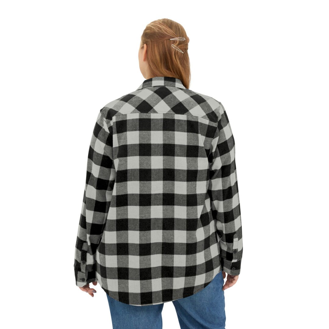 The back view of a woman wearing a BFR Logo - Unisex Flannel Shirt. The back view of a woman wearing a BFR Logo - Unisex Flannel Shirt.