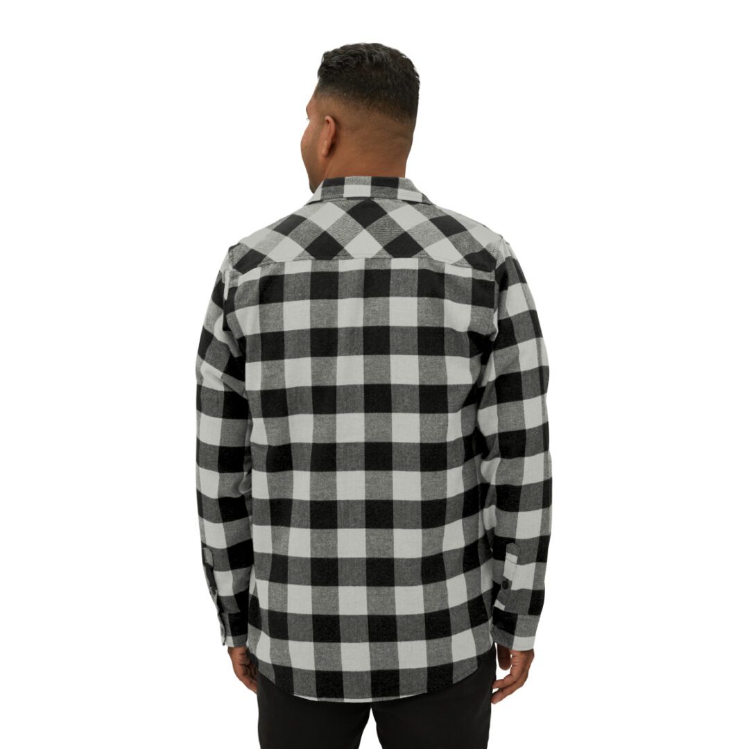 The back view of a man wearing a BFR Logo - Unisex Flannel Shirt. The back view of a man wearing a BFR Logo - Unisex Flannel Shirt.
