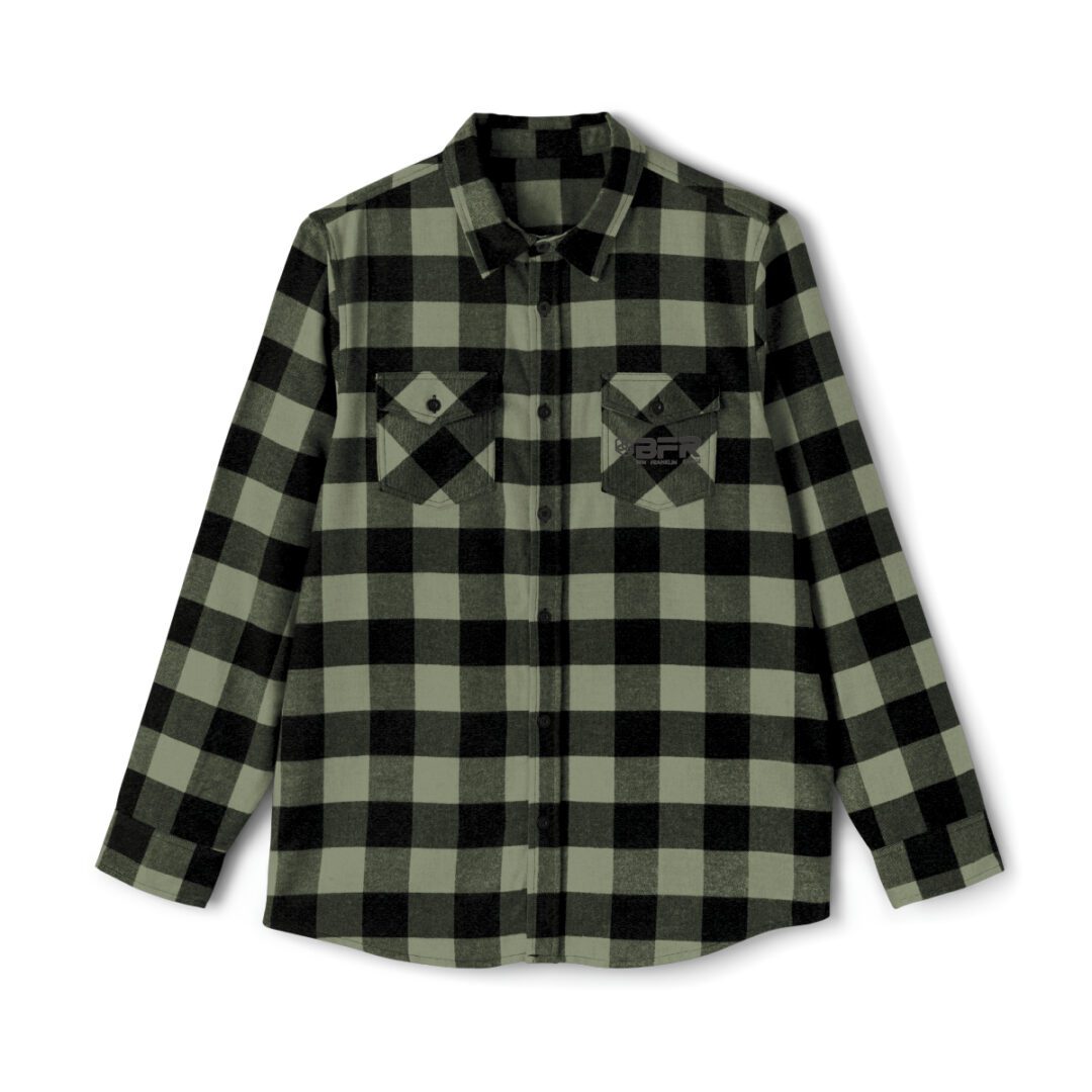 The BFR Logo - Unisex Flannel Shirt is green and black. The BFR Logo - Unisex Flannel Shirt is green and black.